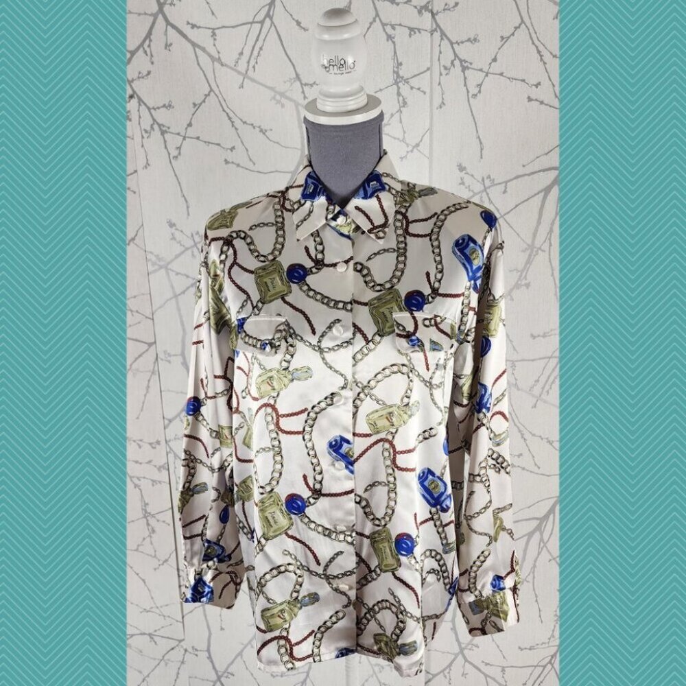 Michel VTG Japan Chainlink Perfume Printed Satin Button Front Shirt
